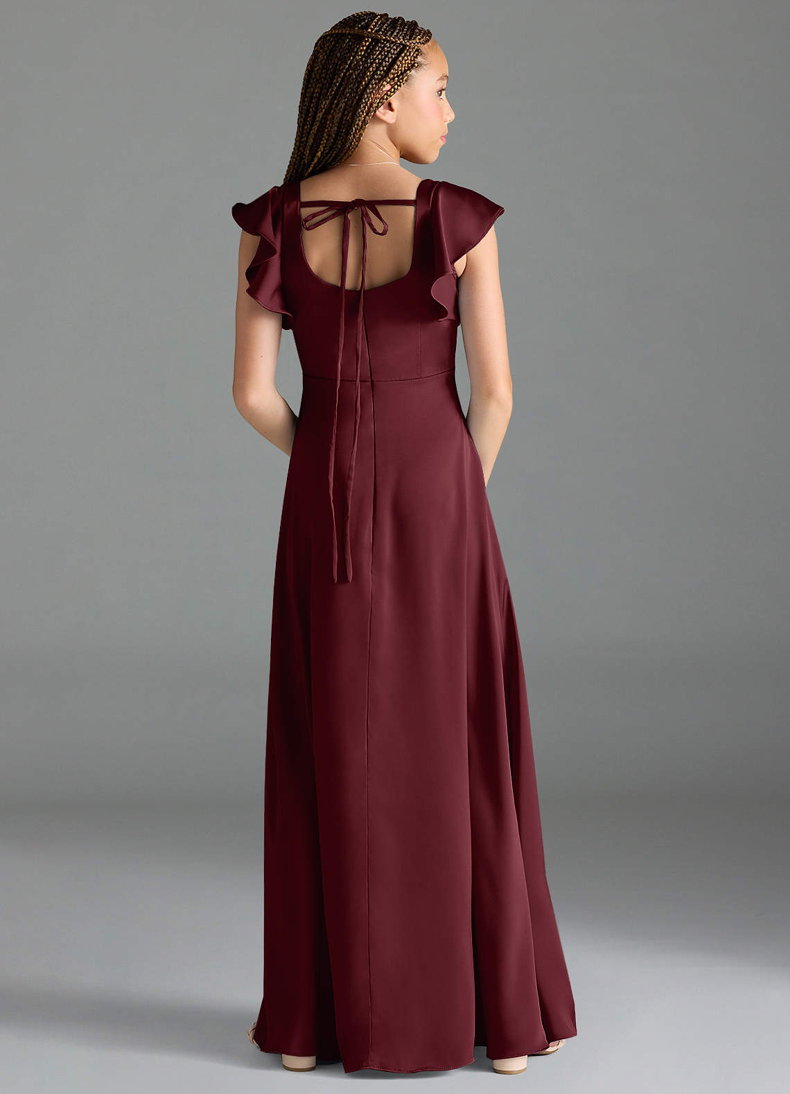Azazie Bondi Junior Vestido Cabernet de Cetim elástico de Linha A com Fenda Lateral image1