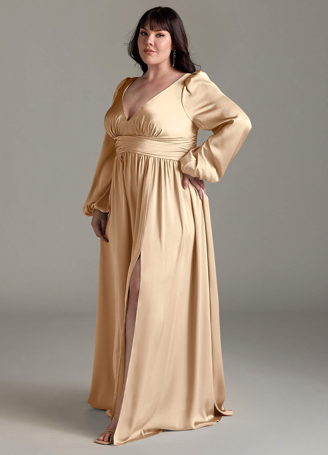azazie champagne satin dress Azazie Jesaphine