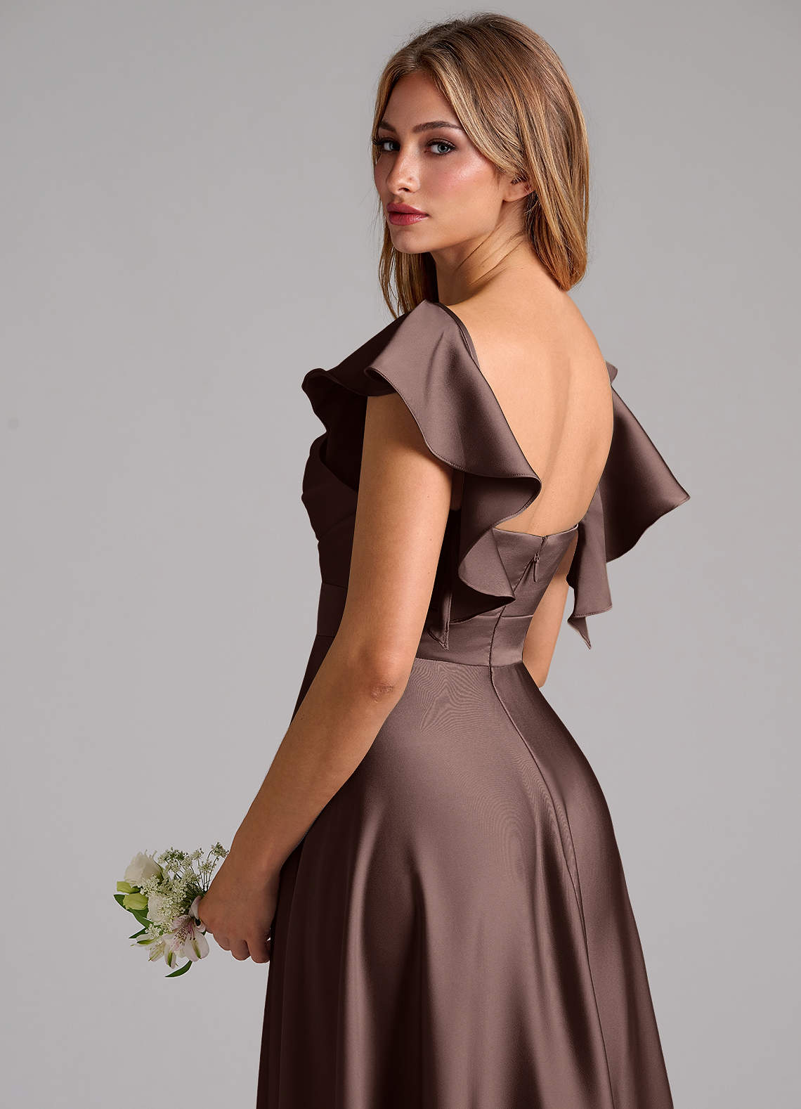 Azazie Leilani Bridesmaid Dresses Ganache A-Line Ruched Stretch Satin Dress image8