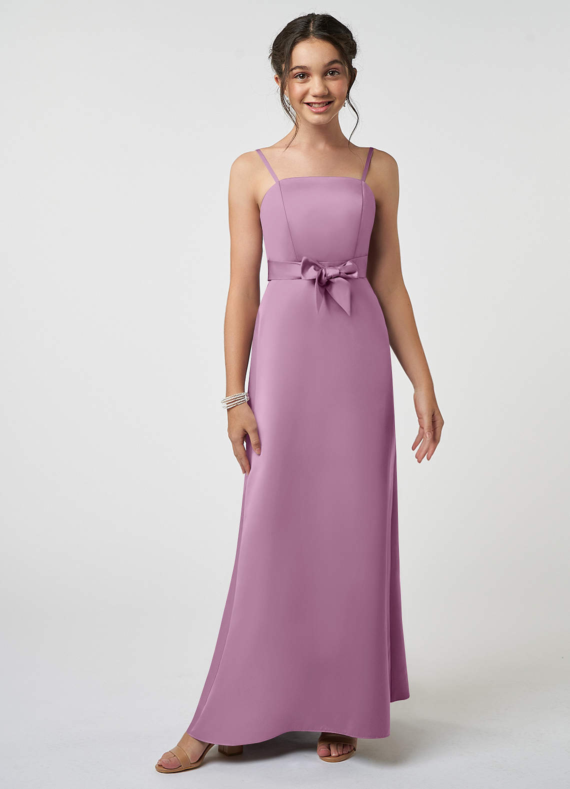 Azazie Anina Junior Robe Trapèze en Satin extensible Arc Glycine image1