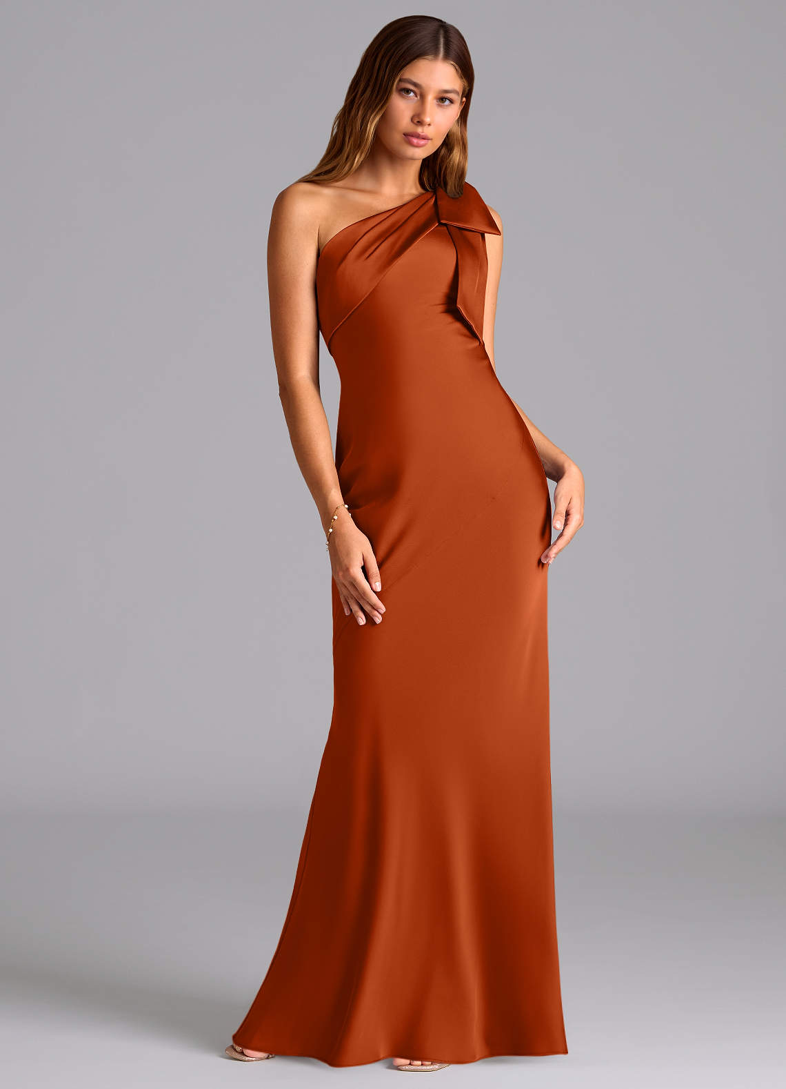 Azazie Yuanna Bridesmaid Dresses Burnt Orange Mermaid One Shoulder Stretch Satin Dress image2