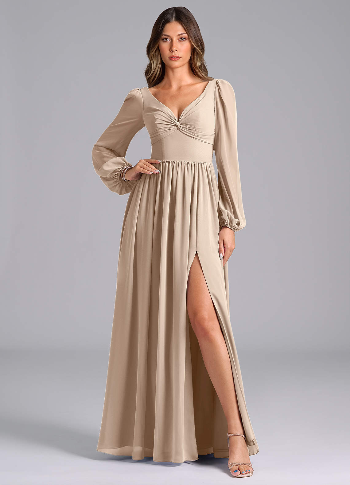 Azazie Teri Bridesmaid Dresses Taupe A-Line Long Sleeve Chiffon Dress image1
