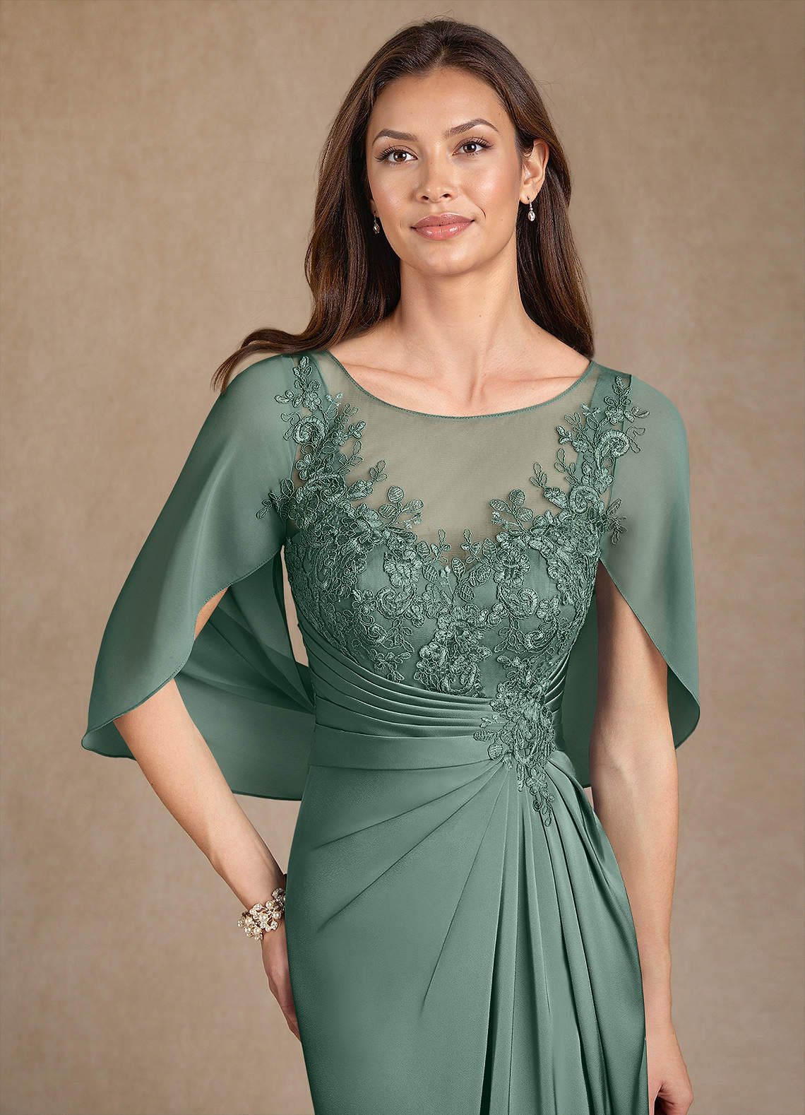 Azazie Hera Mother of the Bride Dresses Eucalyptus A-Line Lace Stretch Satin Dress image4