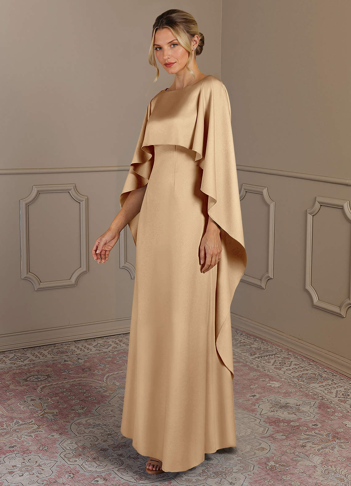 Azazie Eli vestidos de madre de la novia Vestido de Champán de Satén Elástico de Recto con Cuello de barco image2