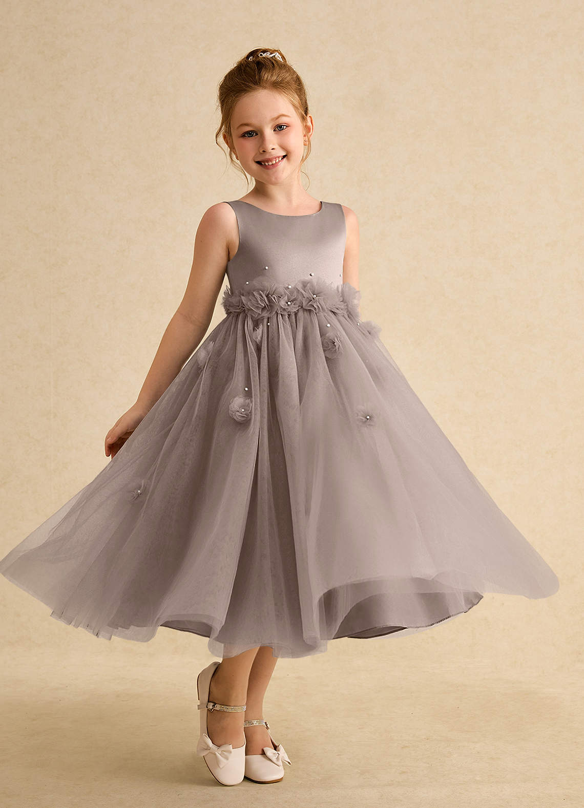 Azazie Lux Flower Girl Dresses Taupe A-Line Beaded Tulle Dress image1