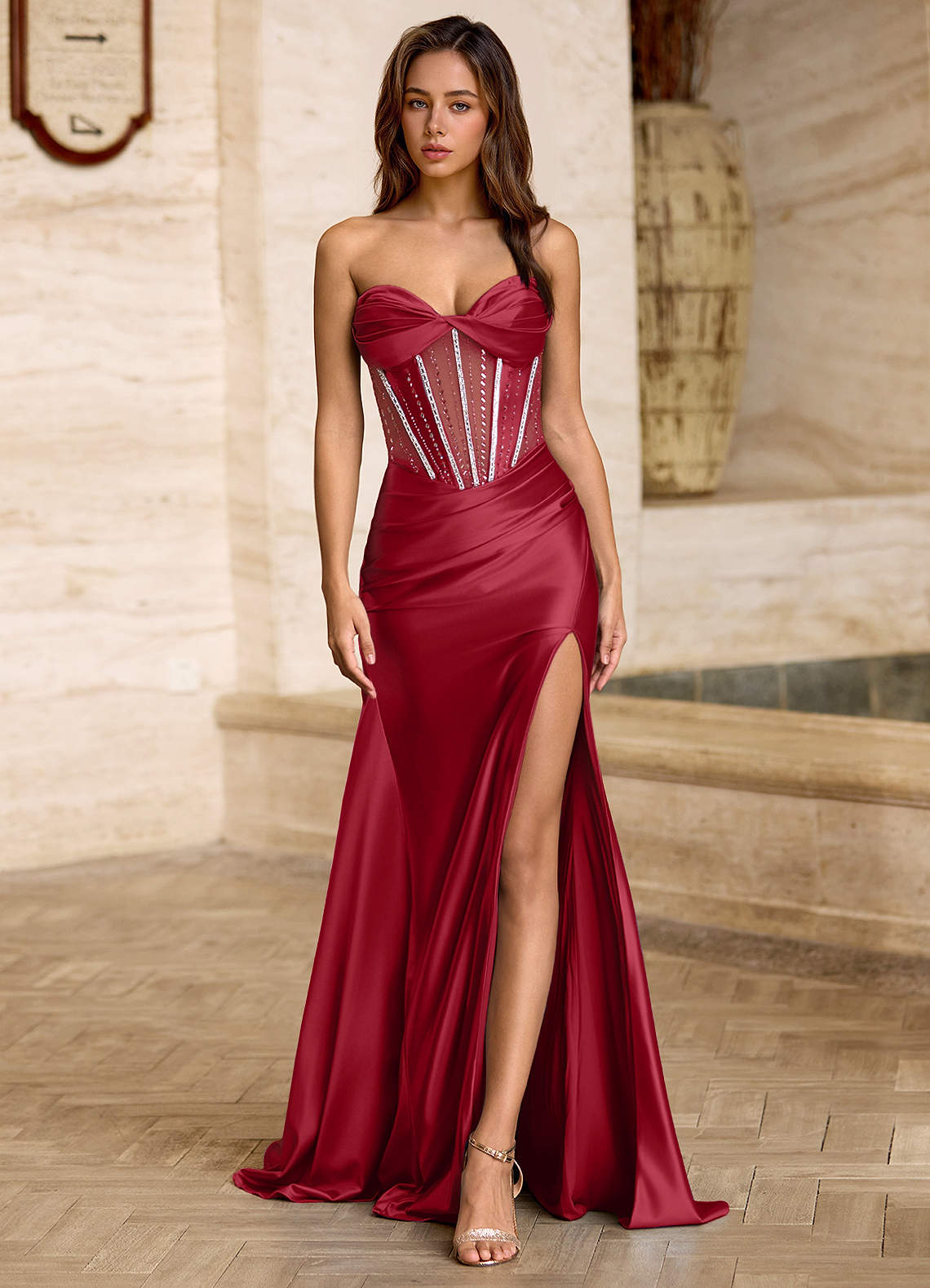 wedding dress shops dallas tx Zapaka Women Sparkly Dark Red Prom Dress with Slit Spaghetti Straps Corset Beaded Party Dress, Dark Red / S