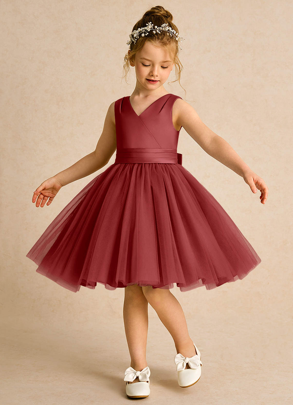Azazie Tadpole Flower Girl Dresses Rust A-Line Pleated Matte Satin Dress image1