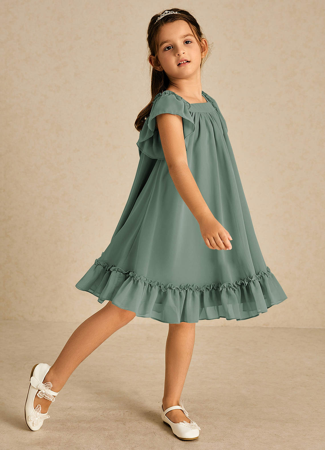 Azazie Tot vestidos de niña de las flores Vestido de Eucalipto de Gasa de Corte En A con Con mangas image1