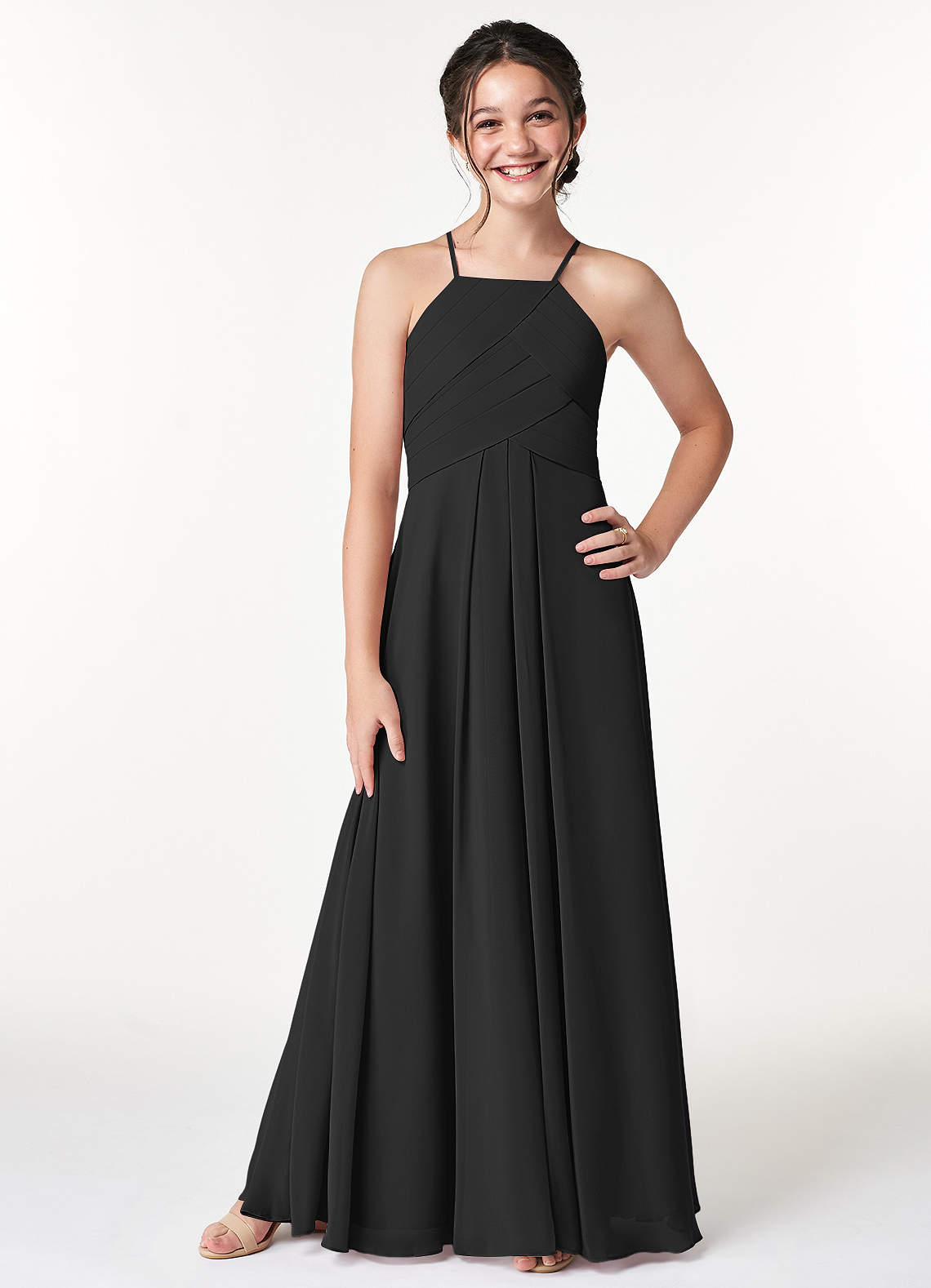 Azazie Ginger Junior Black A-Line Pleated Chiffon Dress image1