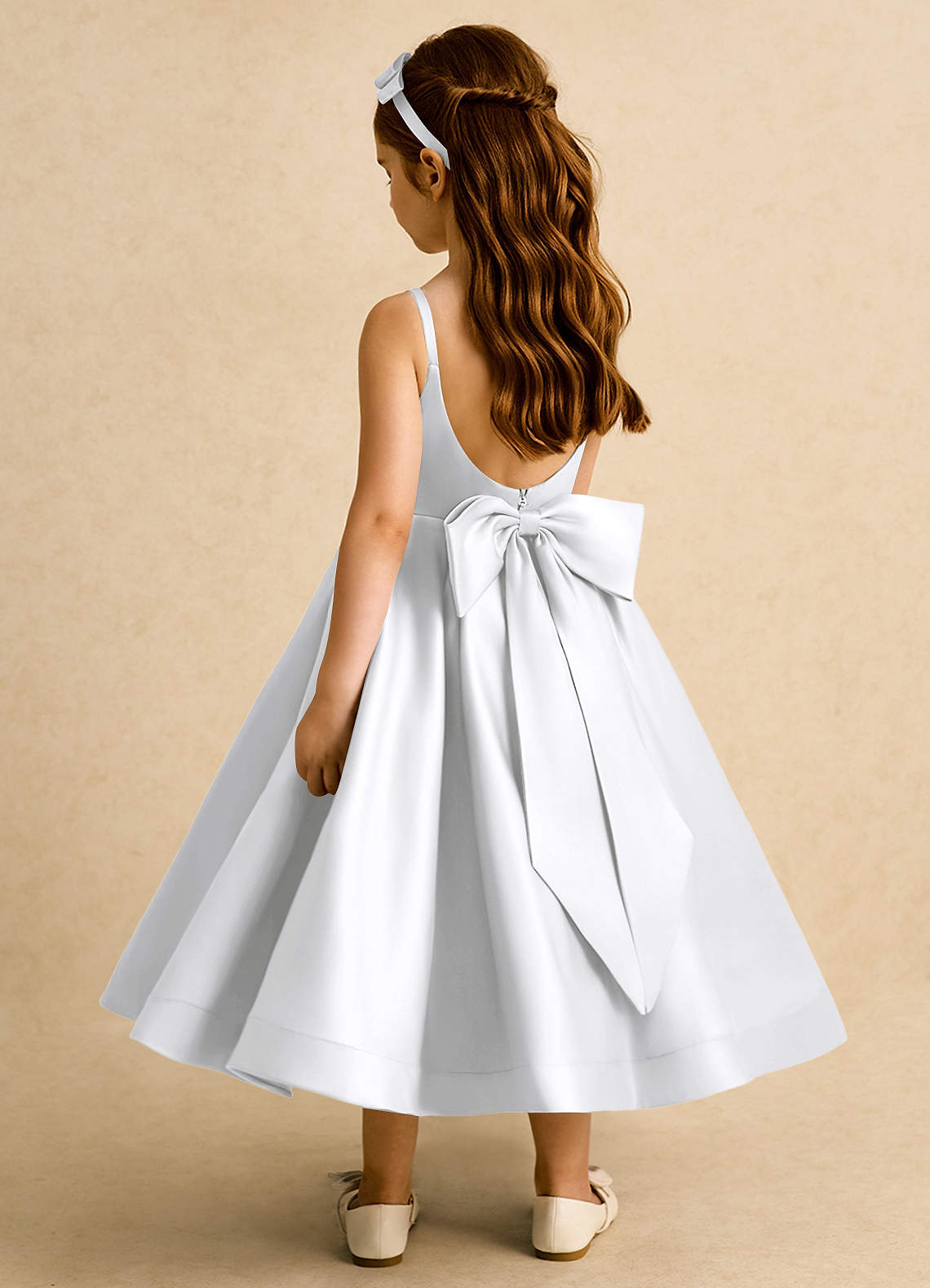 Azazie Babs Flower Girl Dresses White Ball-Gown Pleated Matte Satin Dress image1