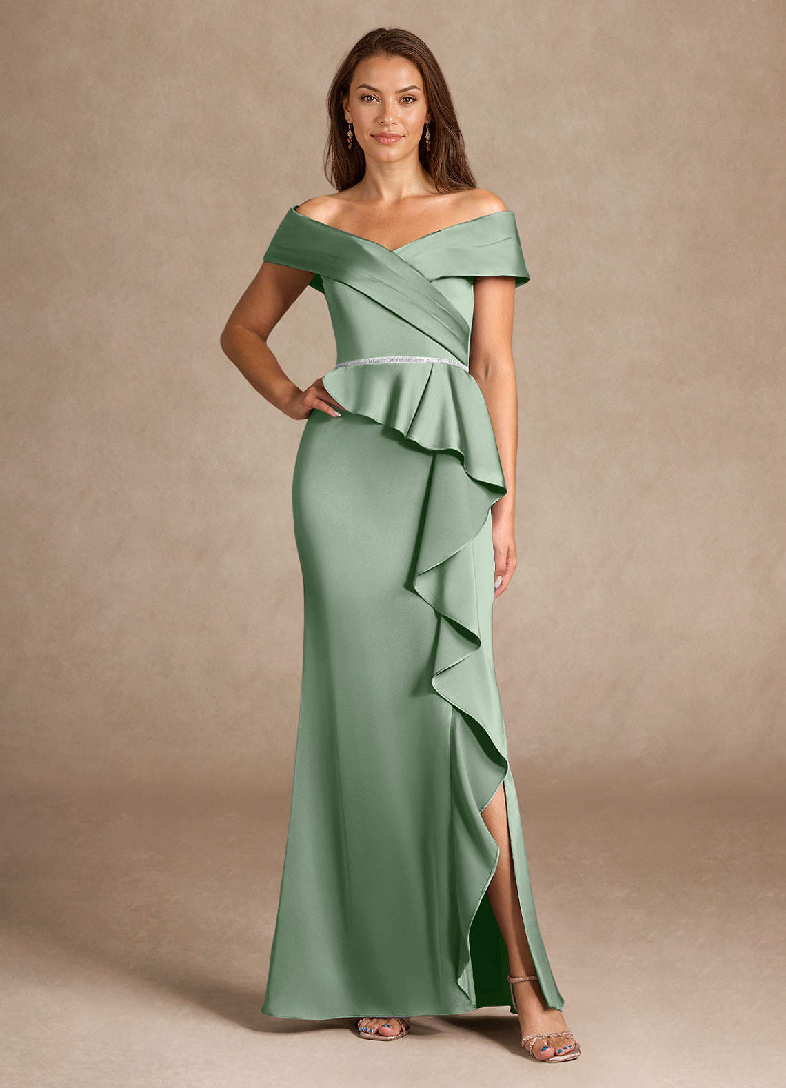 Azazie Dareia vestidos de madre de la novia Vestido de Matcha de Satén Elástico de Sirena con Vestidos sin tirantes image1