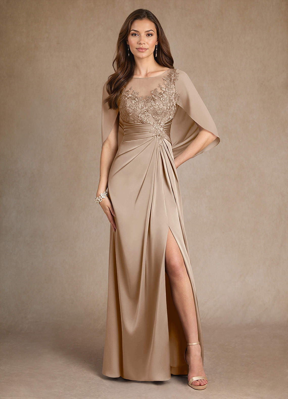 Azazie Hera Mother of the Bride Dresses Taupe A-Line Lace Stretch Satin Dress image1