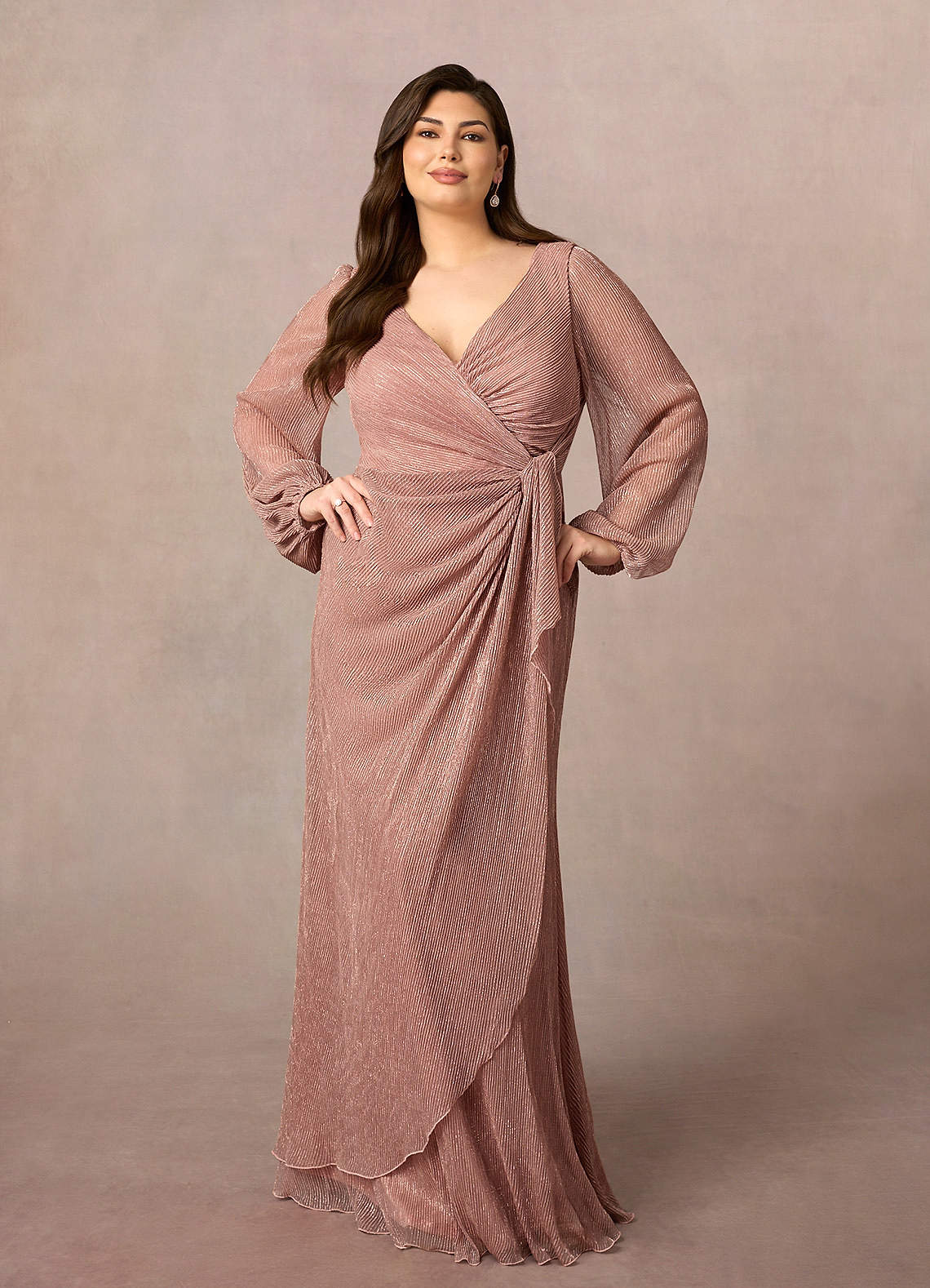 Upstudio Sterling Mother of the Bride Dresses Rose Gold A-Line Ruched Metallic Mesh Dress image4