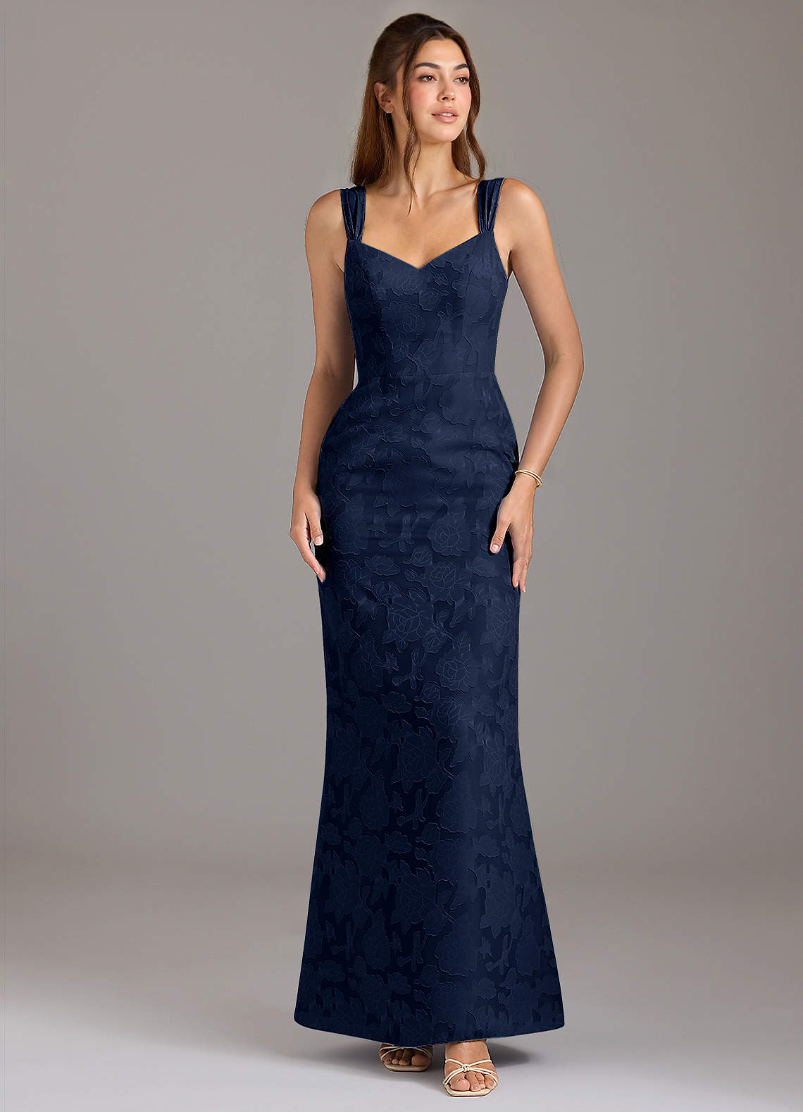 Azazie Denice Bridesmaid Dresses Dark Navy A-Line Pleated Floral Burnout Dress image1