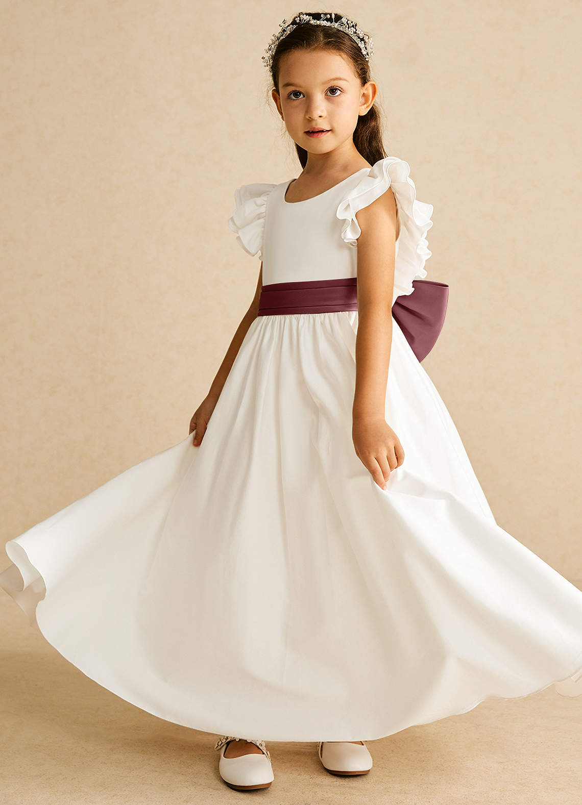 Azazie Aero Vestidos de florista Vestido Marfim Rosa Do Deserto de Algodão de Linha A com Plissado image1