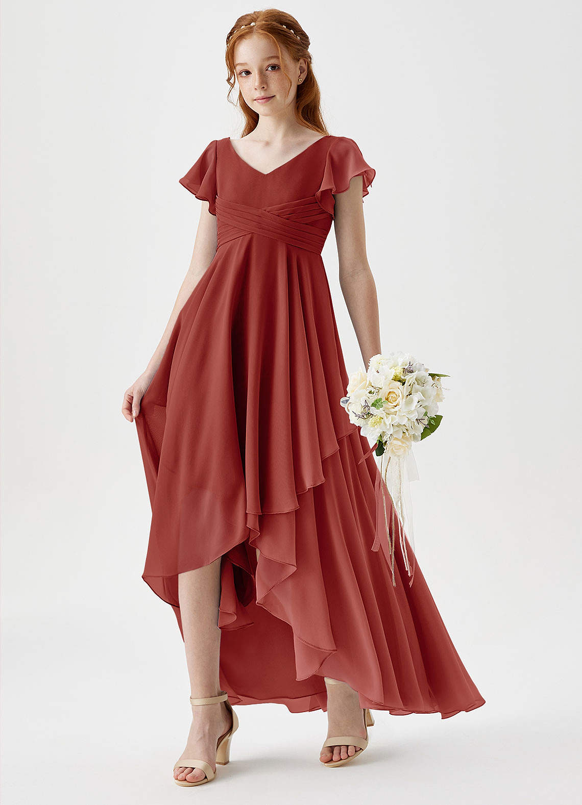 Azazie Caria Junior Terracotta A-Line Pleated Chiffon Dress image1