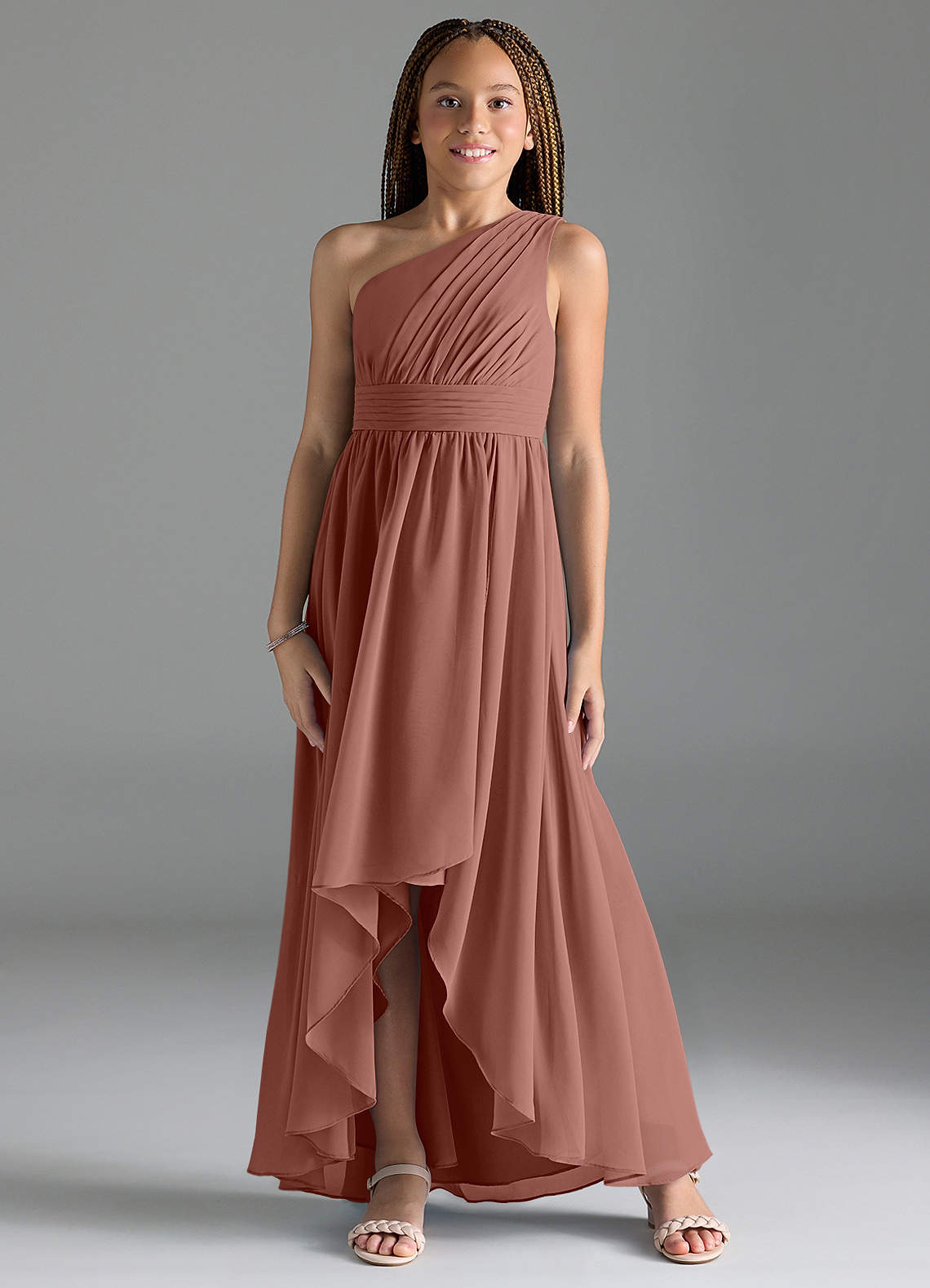 Azazie Mathilda Junior Cedar Rose A-Line Pleated Chiffon Dress image1