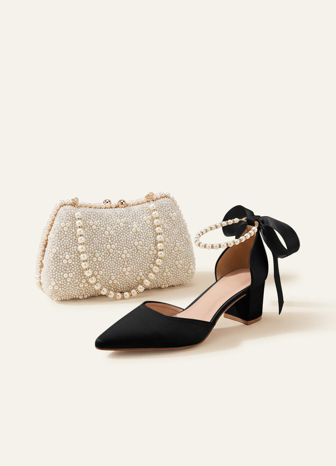 front Matching Color Matte Satin Pearl and Bow Pointed Toe Block Heels & Beaded Clutch Set