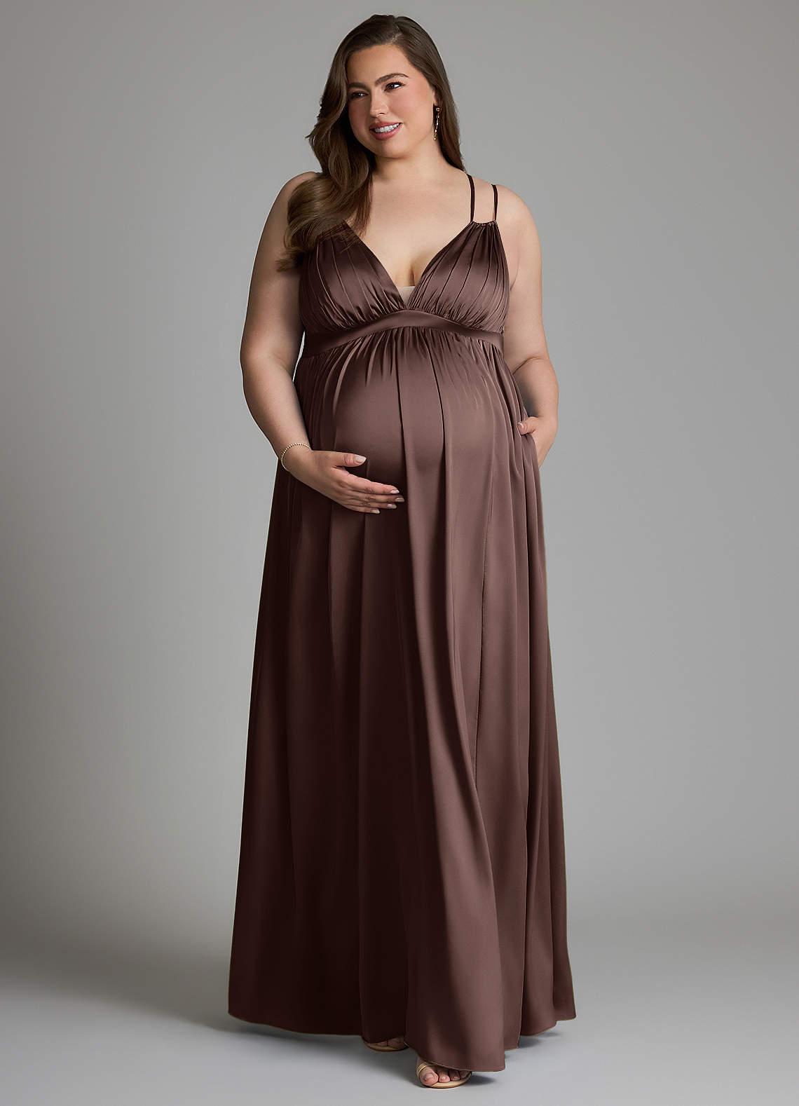 Azazie Emree Maternity Bridesmaid Dresses A-Line Stretch Satin Floor-Length Dress with Pockets image6