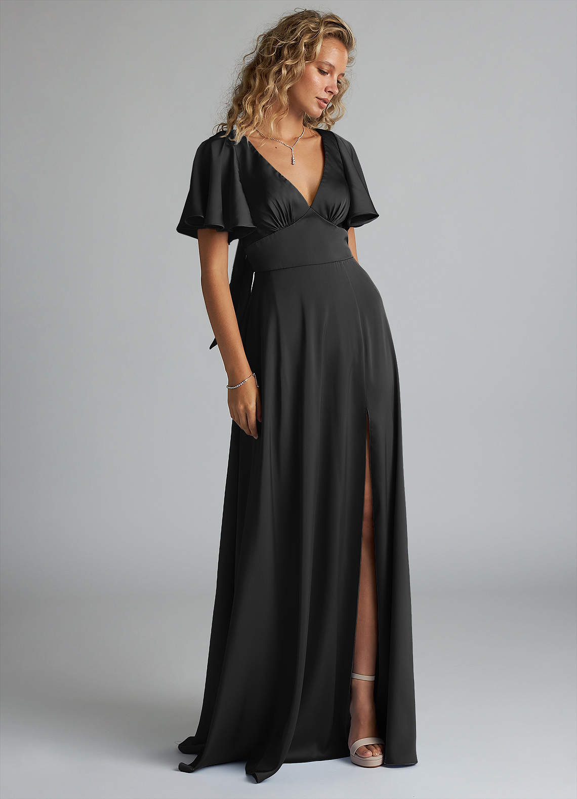 Azazie Kimber Bridesmaid Dresses Black A-Line Ruched Stretch Satin Dress image3