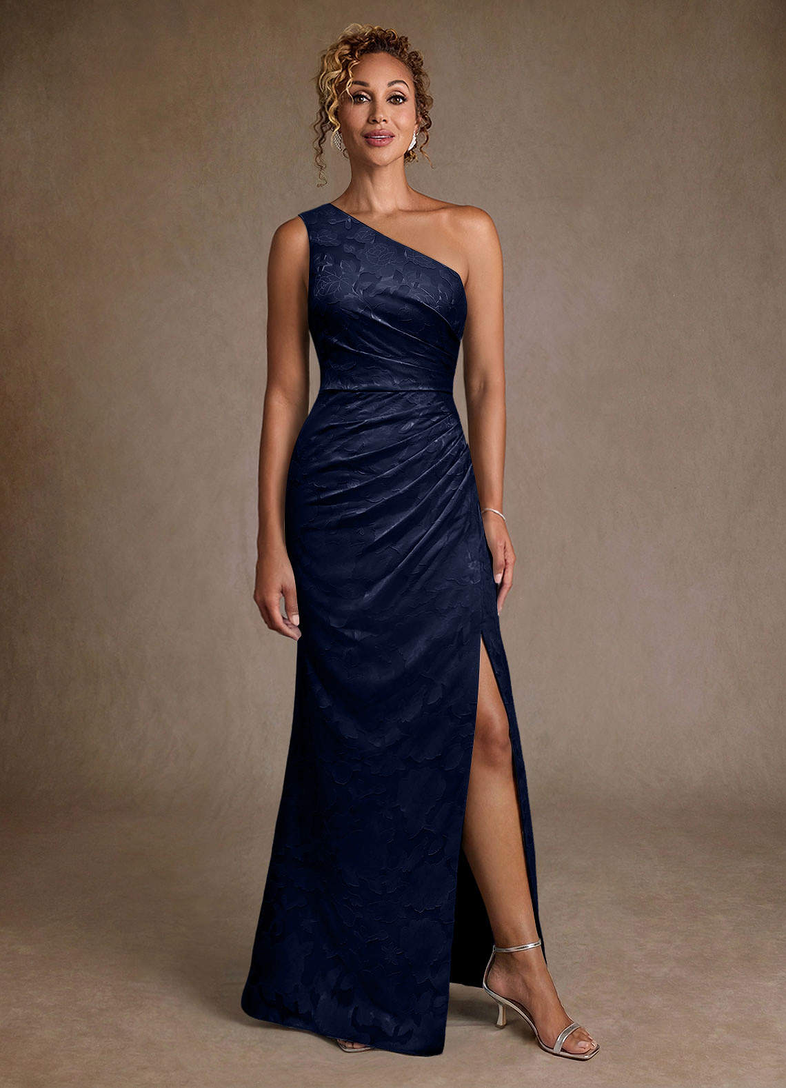 Azazie Joylin Mother of the Bride Dresses Dark Navy Trumpet One Shoulder Floral Burnout Dress image3