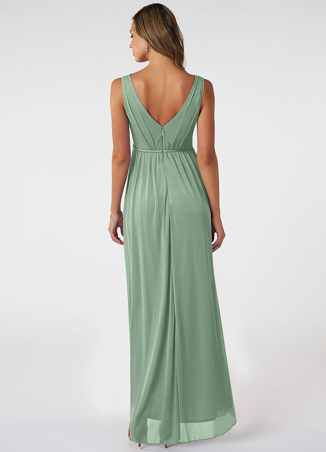 Azazie Tanicia Bridesmaid Dresses Matcha A-Line V-Neck Pleated Mesh Dress image1