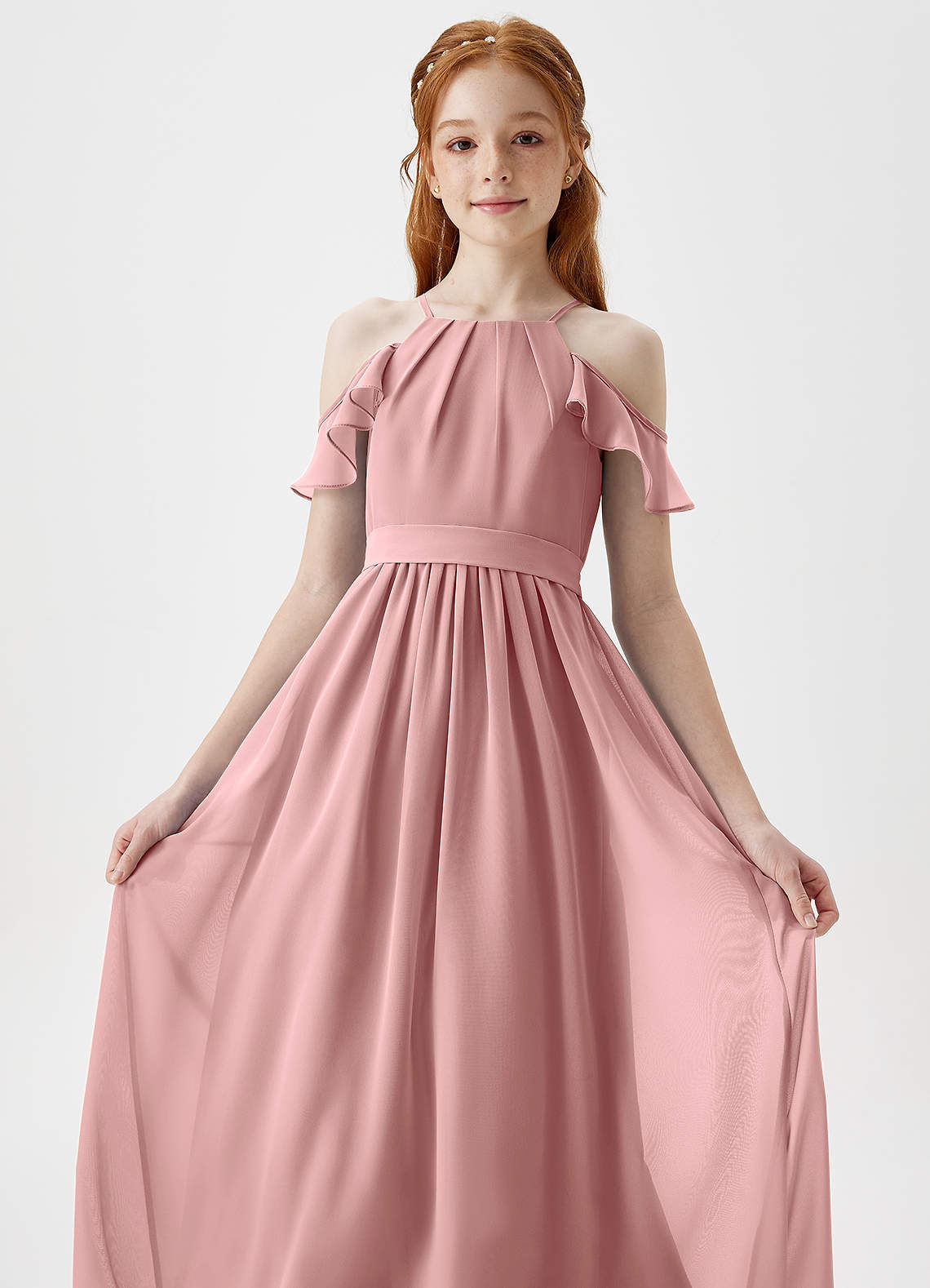 Azazie Chaya Junior Vestido de Rosa Polvorienta de Gasa de Corte En A con Vestidos sin tirantes image1