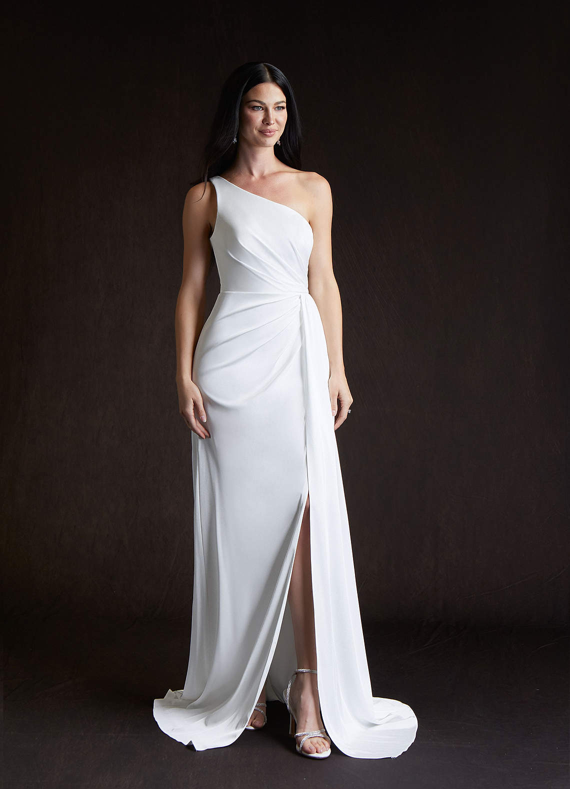 one shoulder satin dress white Azazie Tipton Wedding Dress