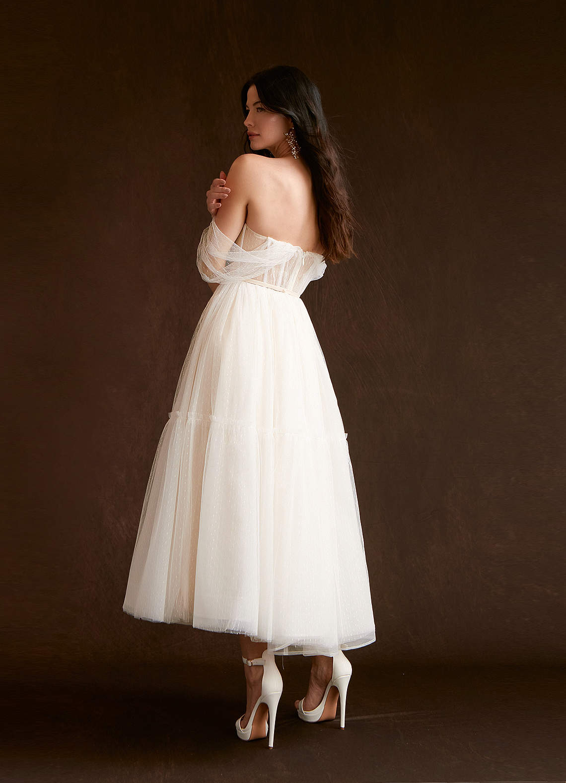 Azazie Vienna Wedding Dresses Diamond White Champagne A-Line Off-The-Shouler Tulle Dress image2