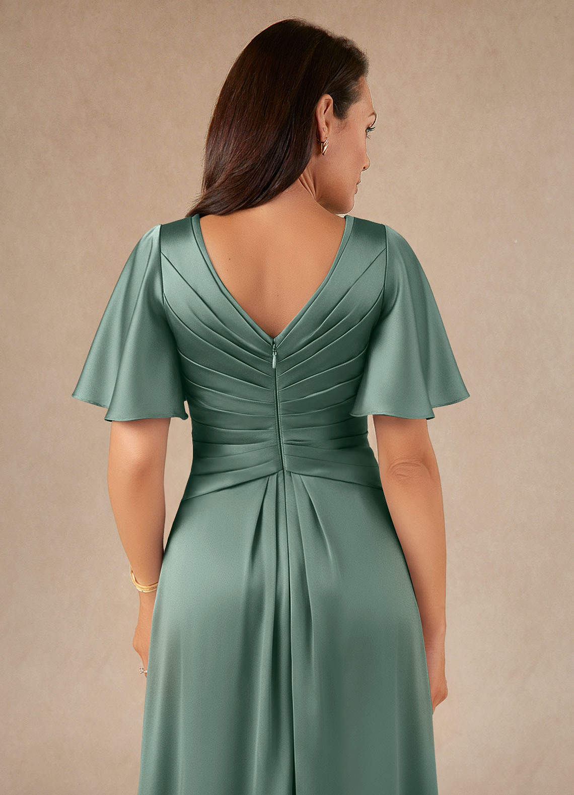 Azazie Emmeline Klänningar till brudens mor Klä A-Line i Stretch Satin Plisserad Eukalyptus image3