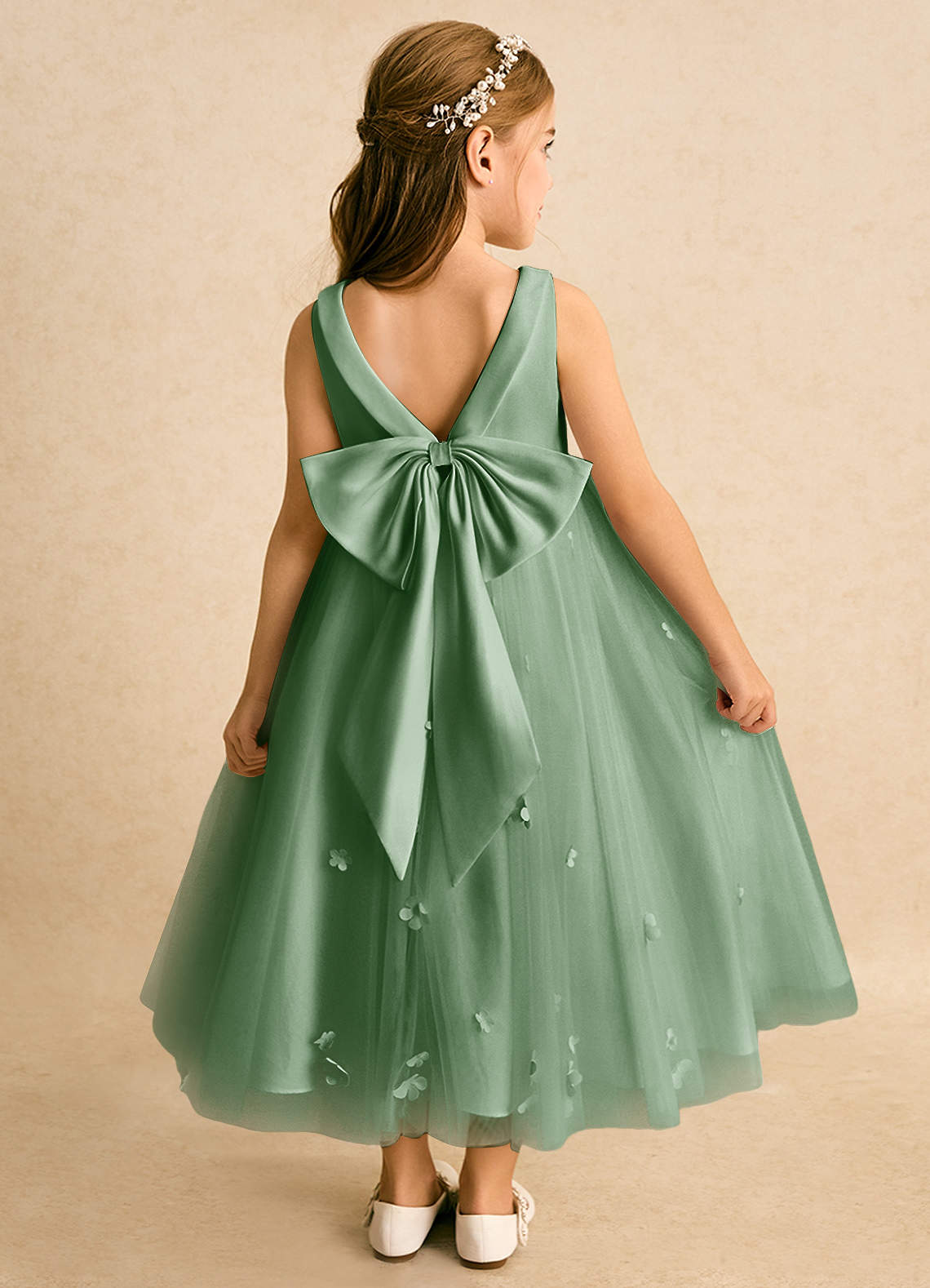 Azazie Angel Flower Girl Dresses Matcha Ball-Gown Bow Tulle Dress image1
