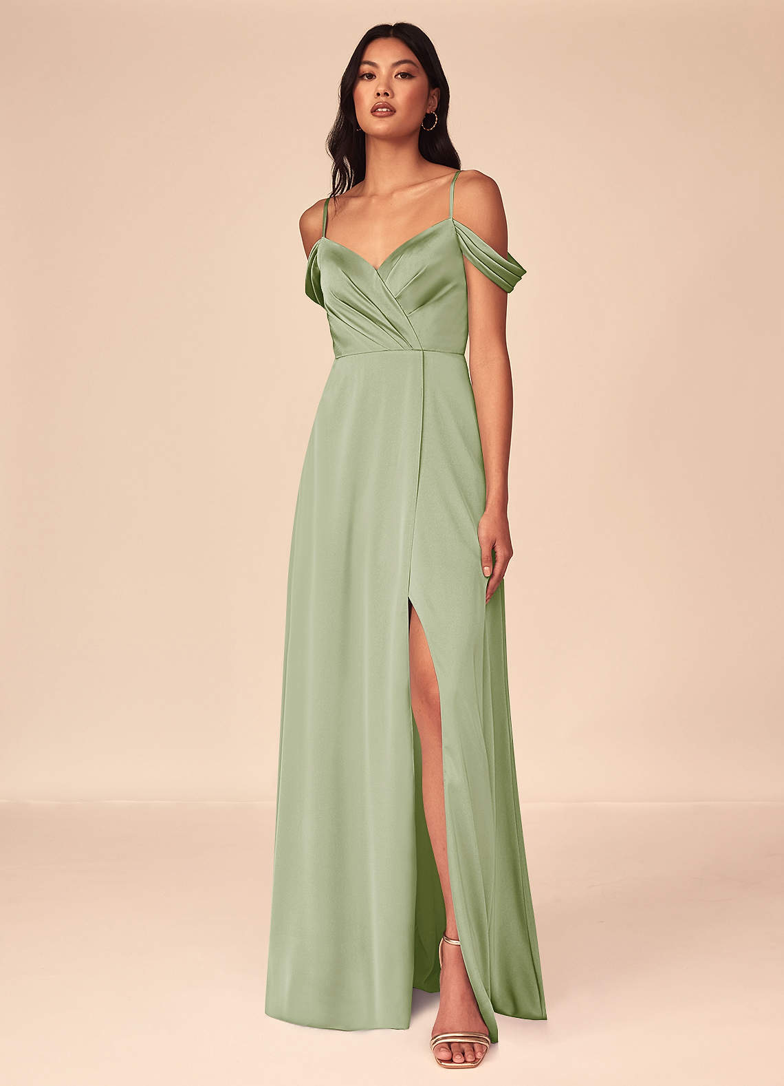 Azazie Ocean Bridesmaid Dresses Dusty Sage A-Line V-Neck Pleated Stretch Satin Dress image1