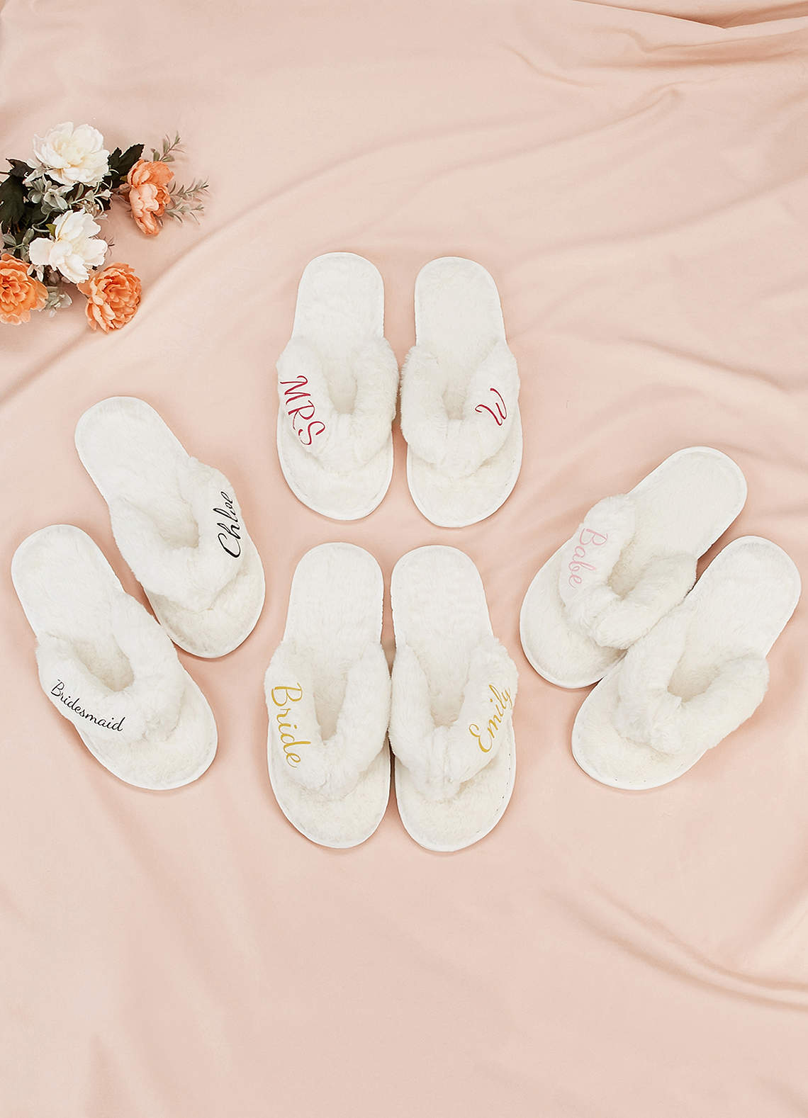 front Personalized Bride Bridesmaid Fluffy Slippers