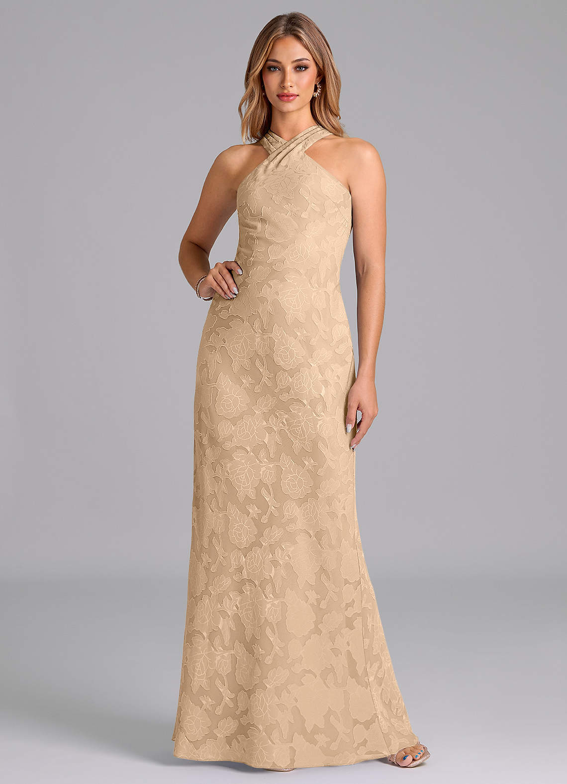 Azazie Doretta Bridesmaid Dresses Champagne Mermaid Pleated Floral Burnout Dress image1