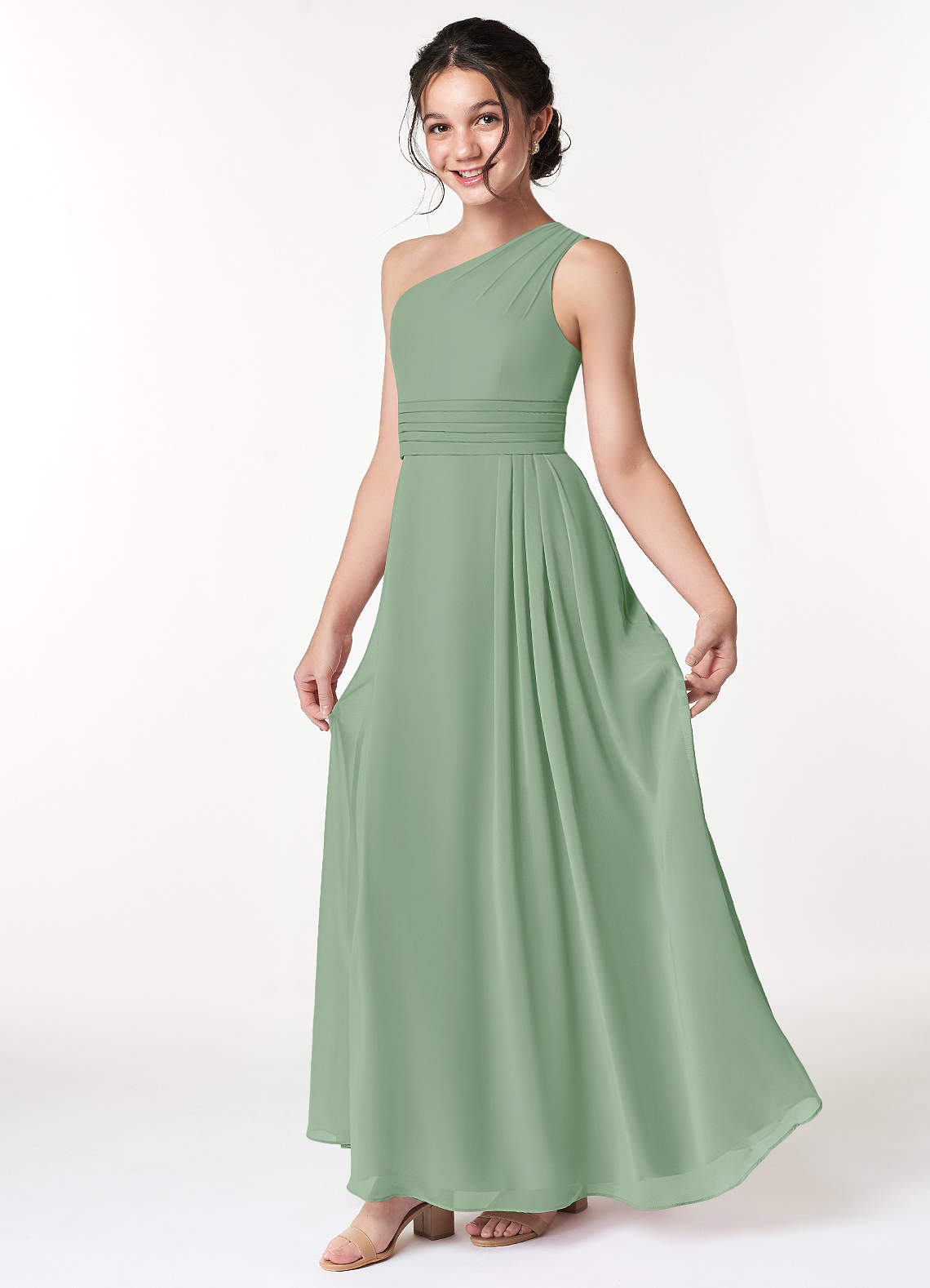 Azazie Cleo Junior Abito A-Line in Chiffon Plissettato Matcha image1