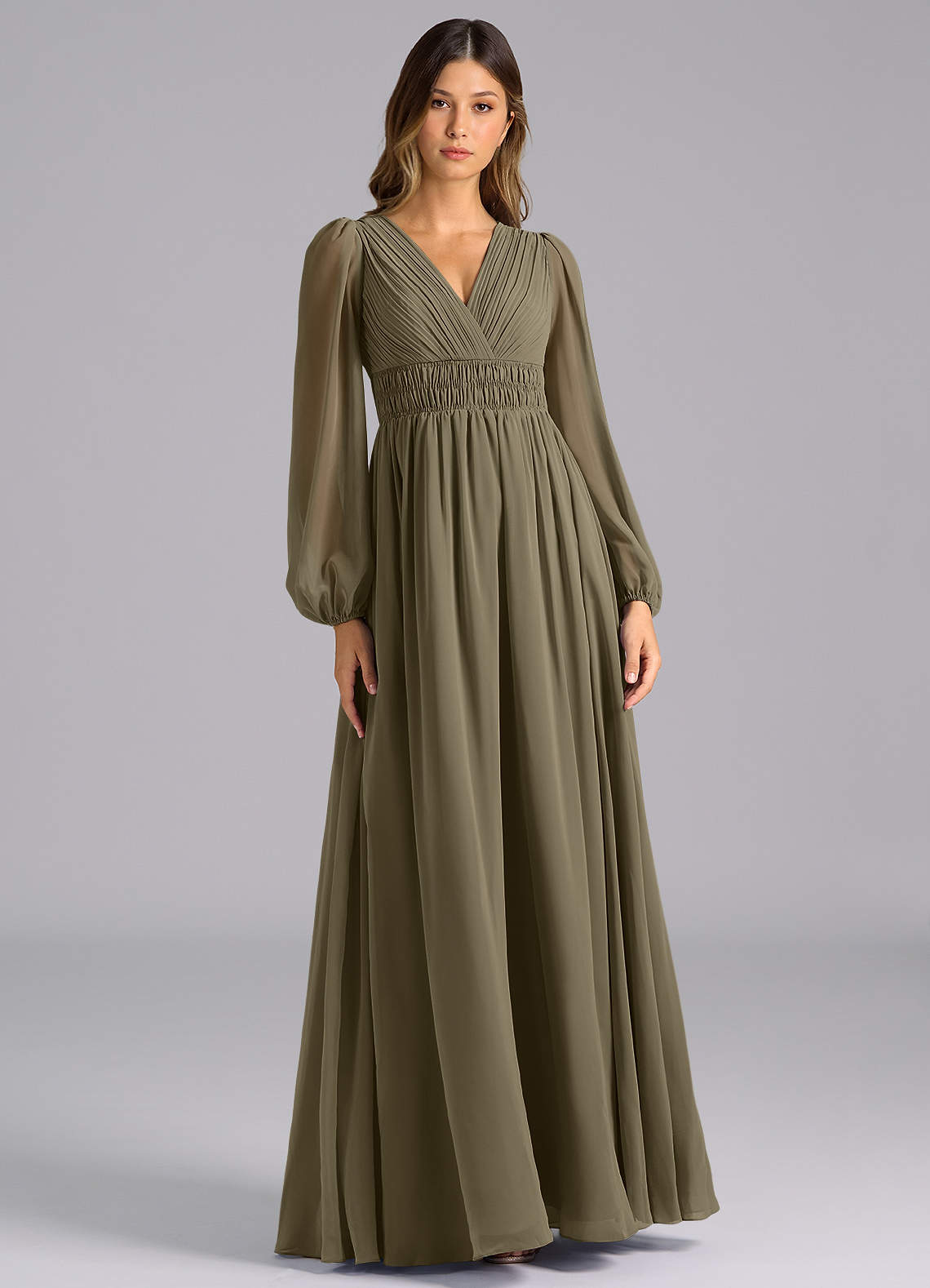 Azazie Palerma Bridesmaid Dresses Willow Green A-Line Long Sleeve Chiffon Dress image1