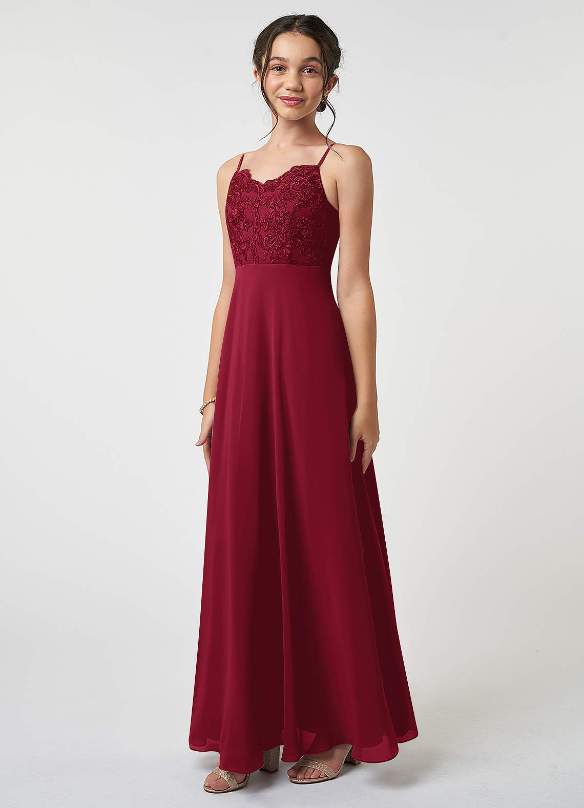 Azazie Sonya Junior Burgundy A-Line Lace Chiffon Dress image1