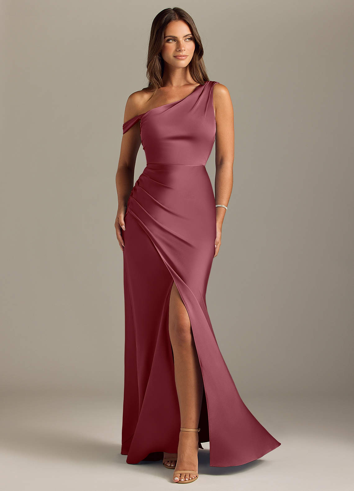 Azazie Madelyn Bridesmaid Dresses Desert Rose Mermaid Off the Shoulder Stretch Satin Convertible Dress image1