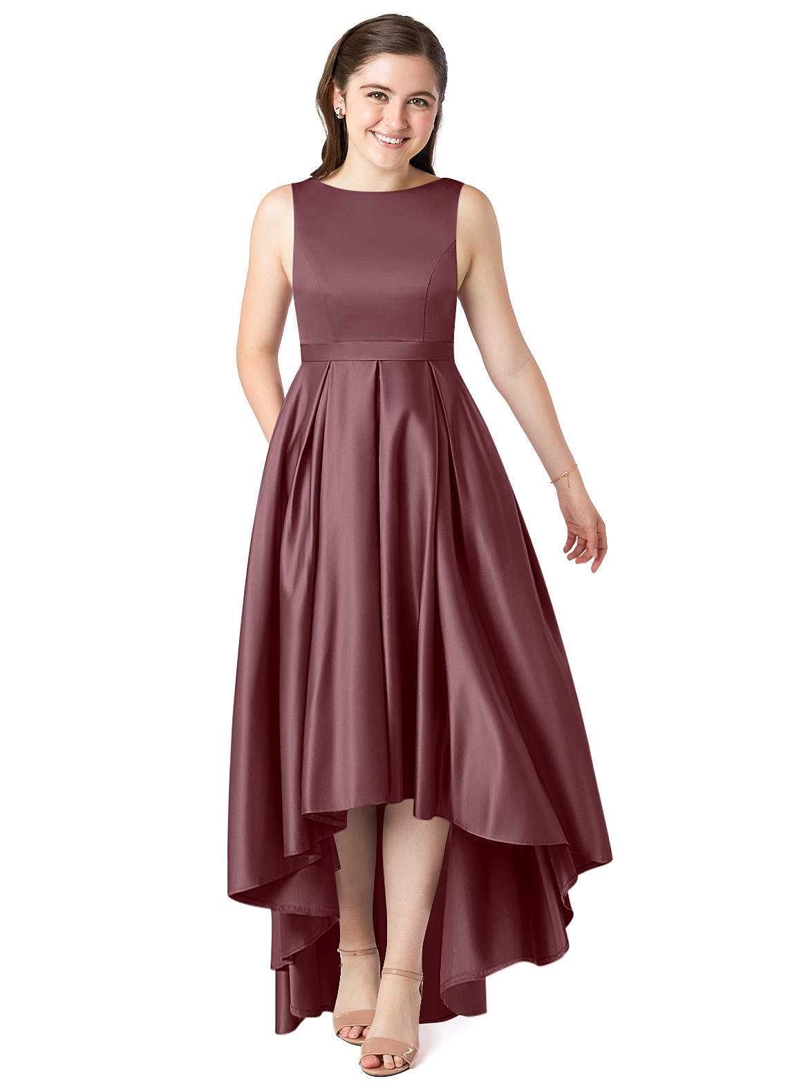 Azazie Inaya Junior A-Linie Gürtel/Schärpe Stretch-Satin Kleid Sangria image1