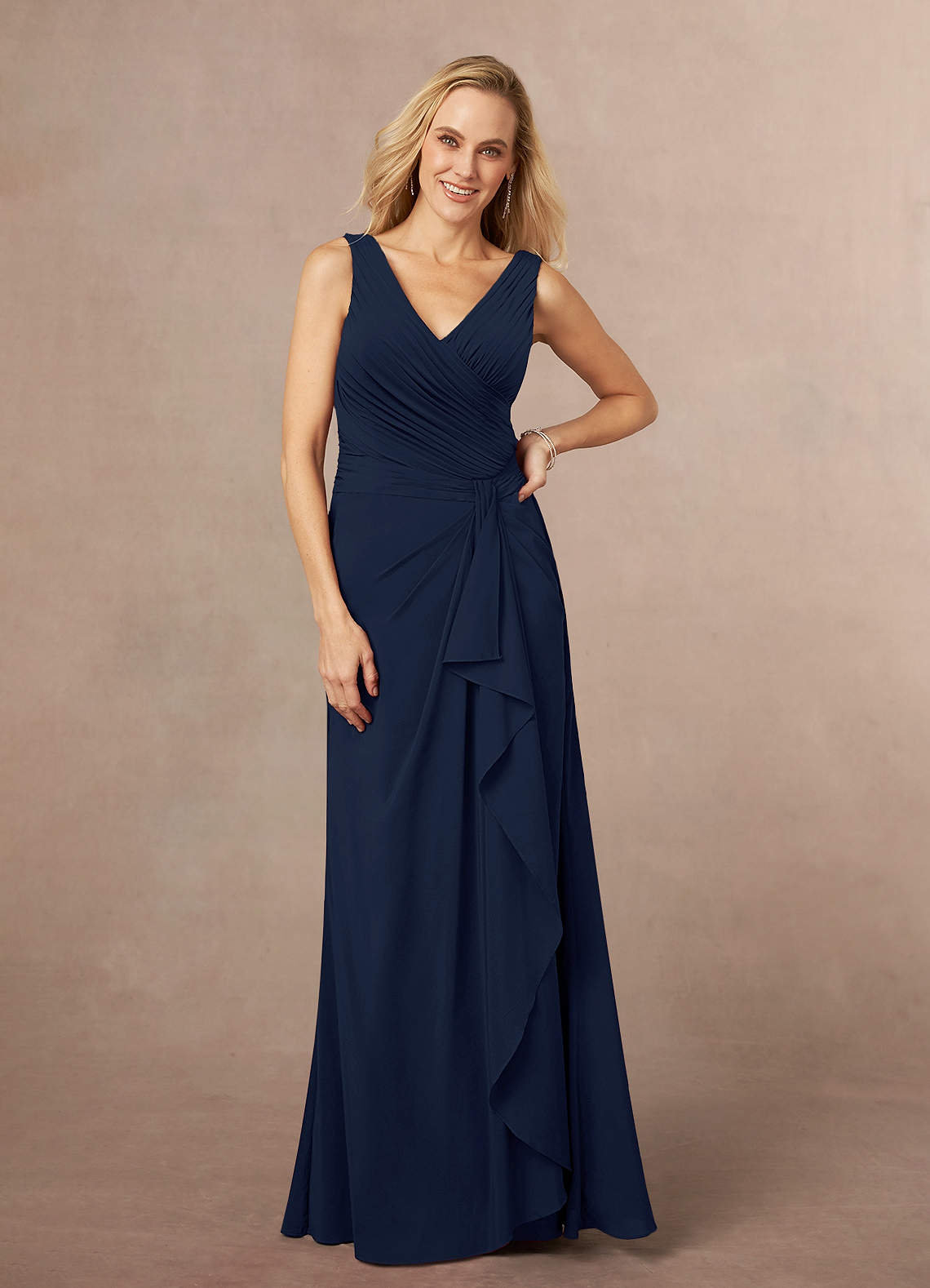 Azazie Evy Mother of the Bride Dresses Dark Navy A-Line Pleated Stretch Chiffon Dress image1
