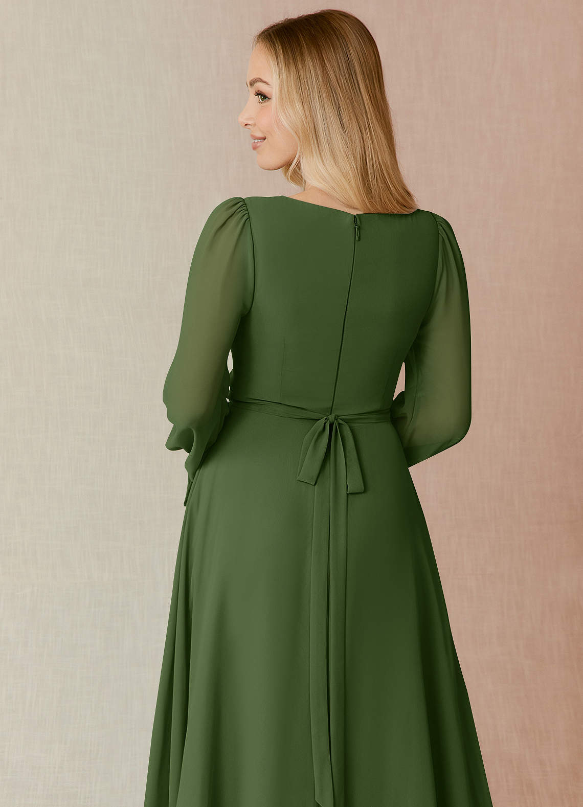 Azazie Leonia Bridesmaid Dresses Olive A-Line Long Sleeve Chiffon Dress image6