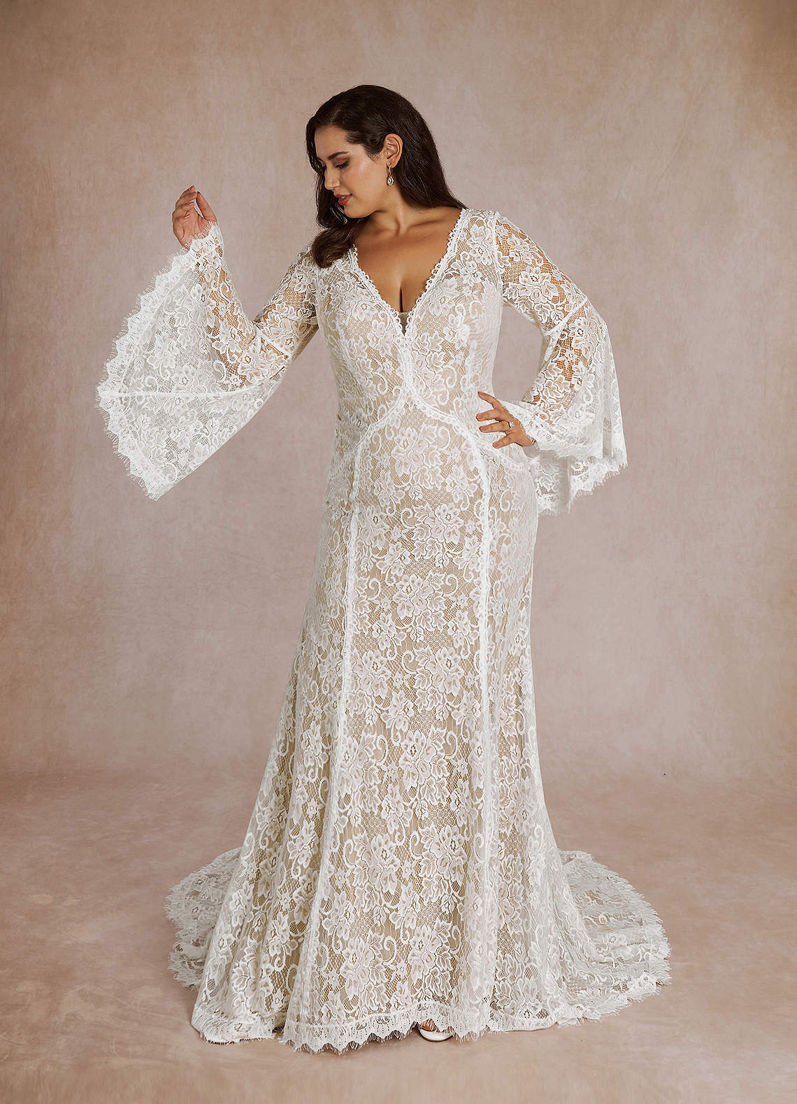 Azazie Hayes Wedding Dresses Diamond White Nude Mermaid V-Neck Lace Dress image1