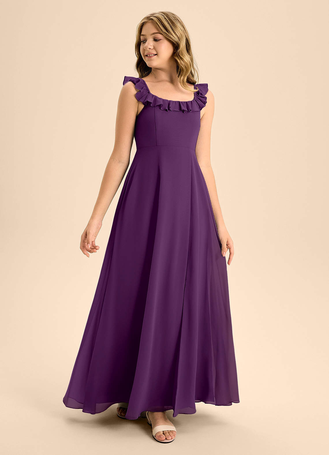 Azazie Callie Junior Abito A-Line in Chiffon Increspato Uva image1