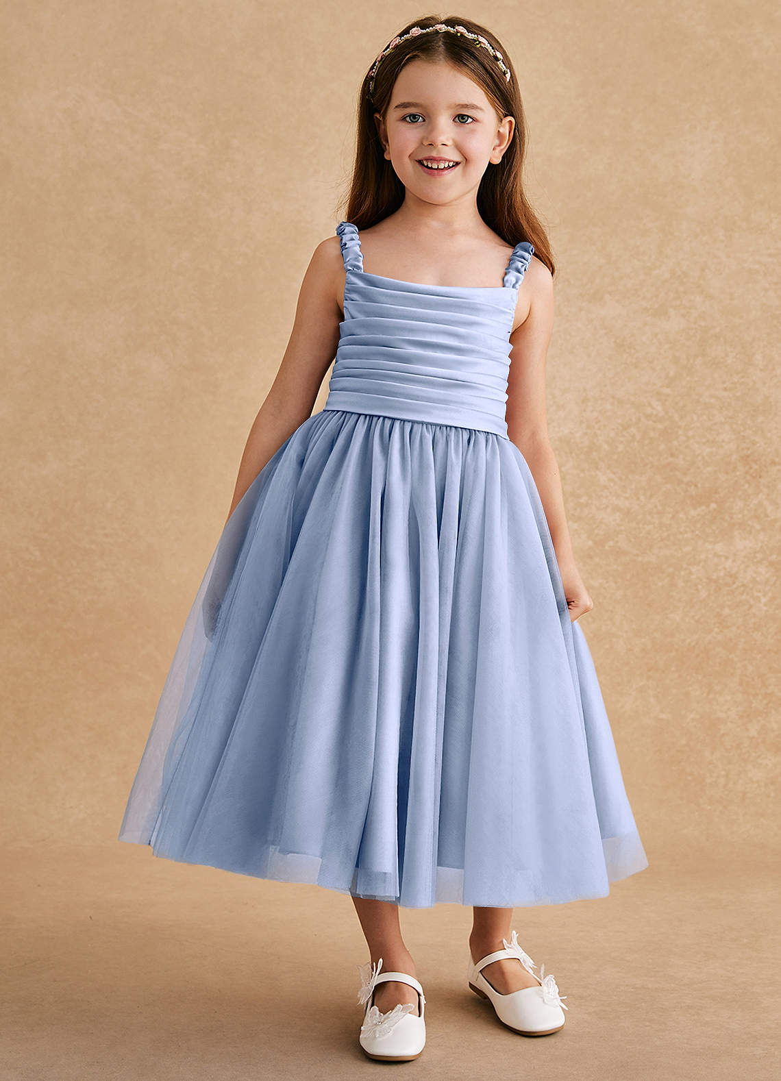 Azazie Gabbie Blumenmädchenkleider A-Linie Plissee Matte Satin Kleid Eis image1