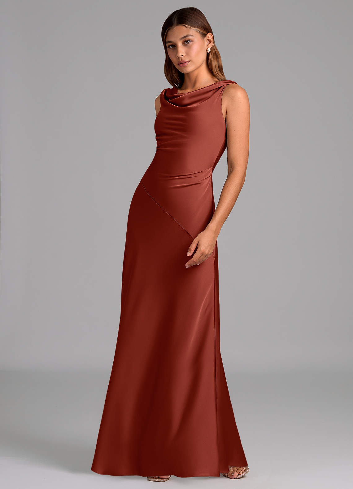 silk terracotta dress Zapaka Women Terracotta Spaghetti Straps Military Ball Dress A-Line Satin Long Prom Dress with Slit, Terracotta / US16