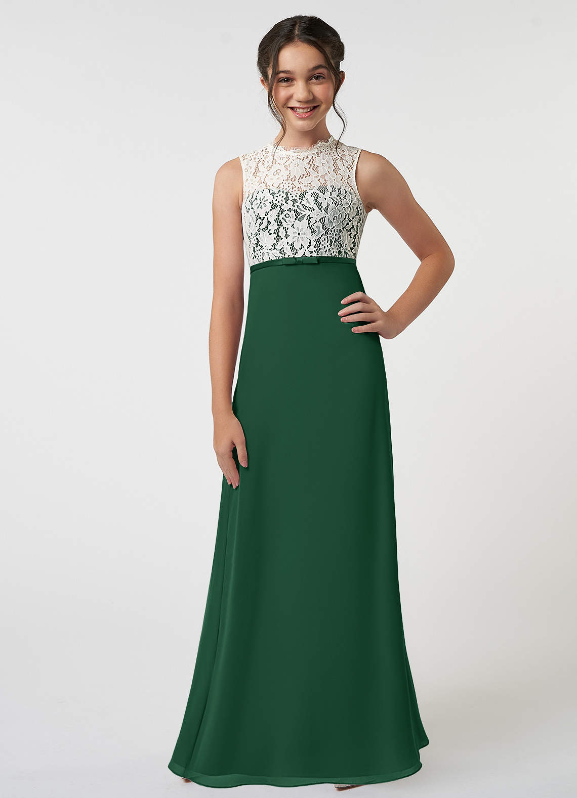 Azazie Rana Junior Robe Trapèze en Mousseline de soie Dentelle Vert Foncé image1