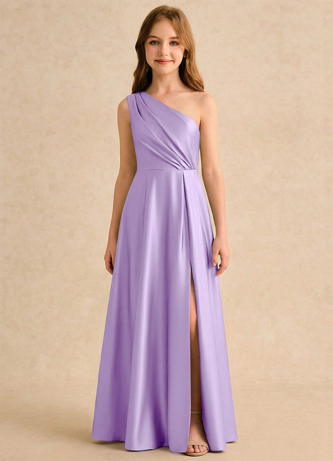 Azazie Puddles Girls Formal Robe Demoiselle D'honneur Fillette Robe Trapèze en Satin extensible Une épaule Lilas image5