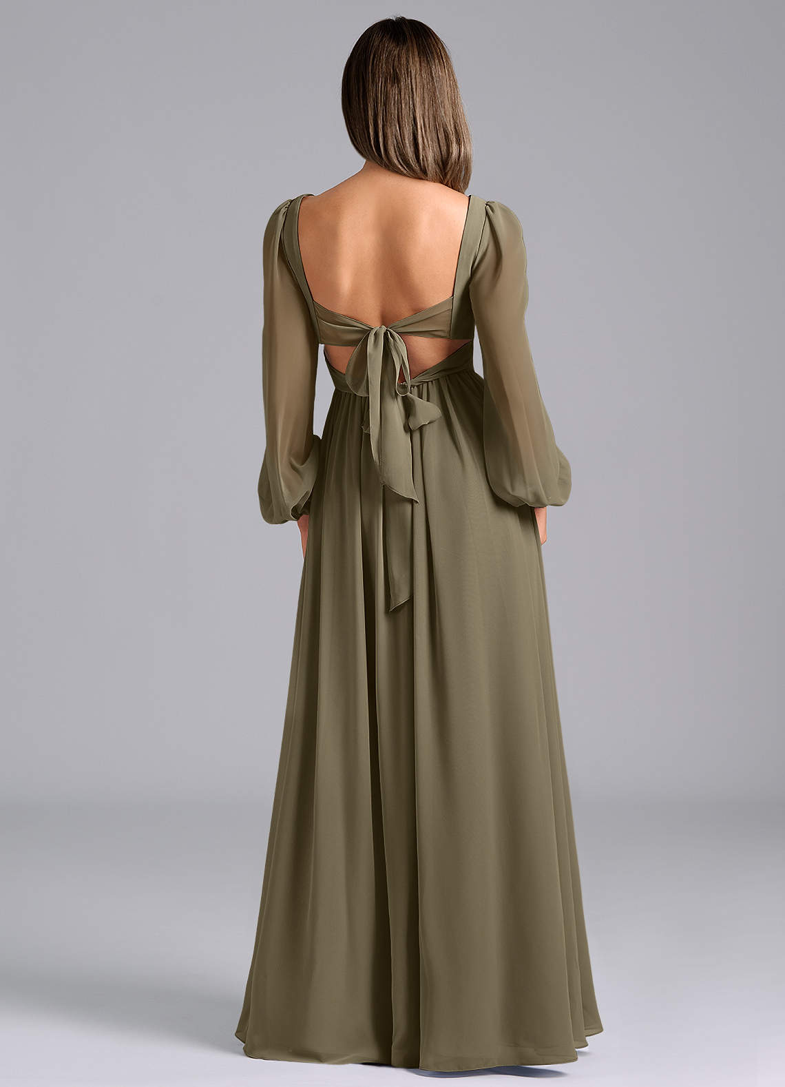 Azazie A-Line V-Neck Long Sleeve Floor-Length Chiffon Bridesmaid Dresses - Willow Green