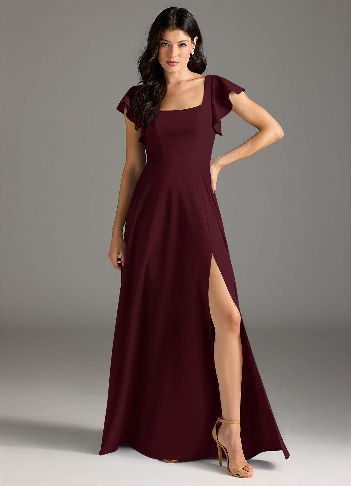 Azazie Bondi Final Sale Cabernet A-Line Ruched Stretch Crepe Dress image1