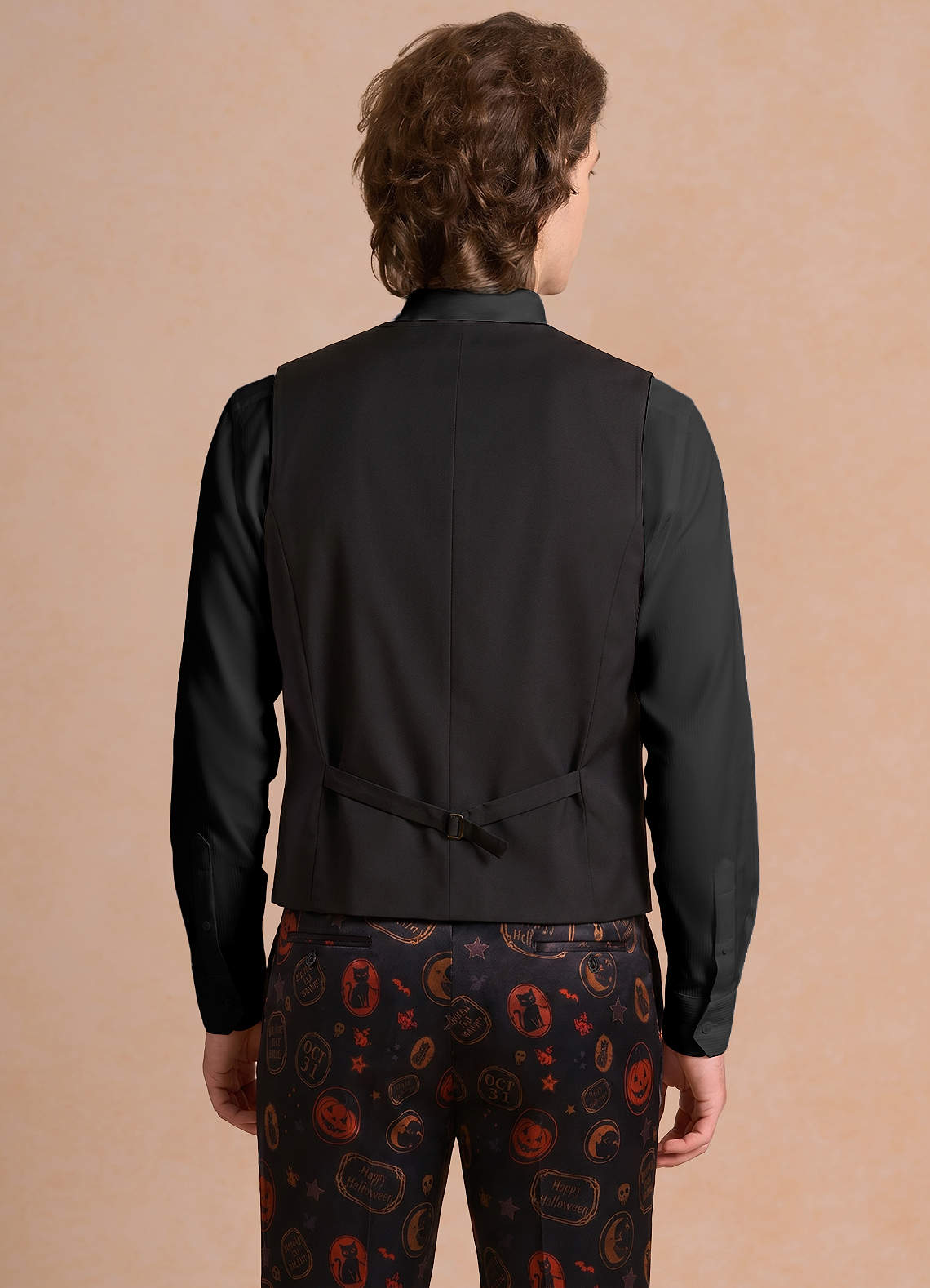 front Caleb Black Vintage Halloween Print Suit Vest